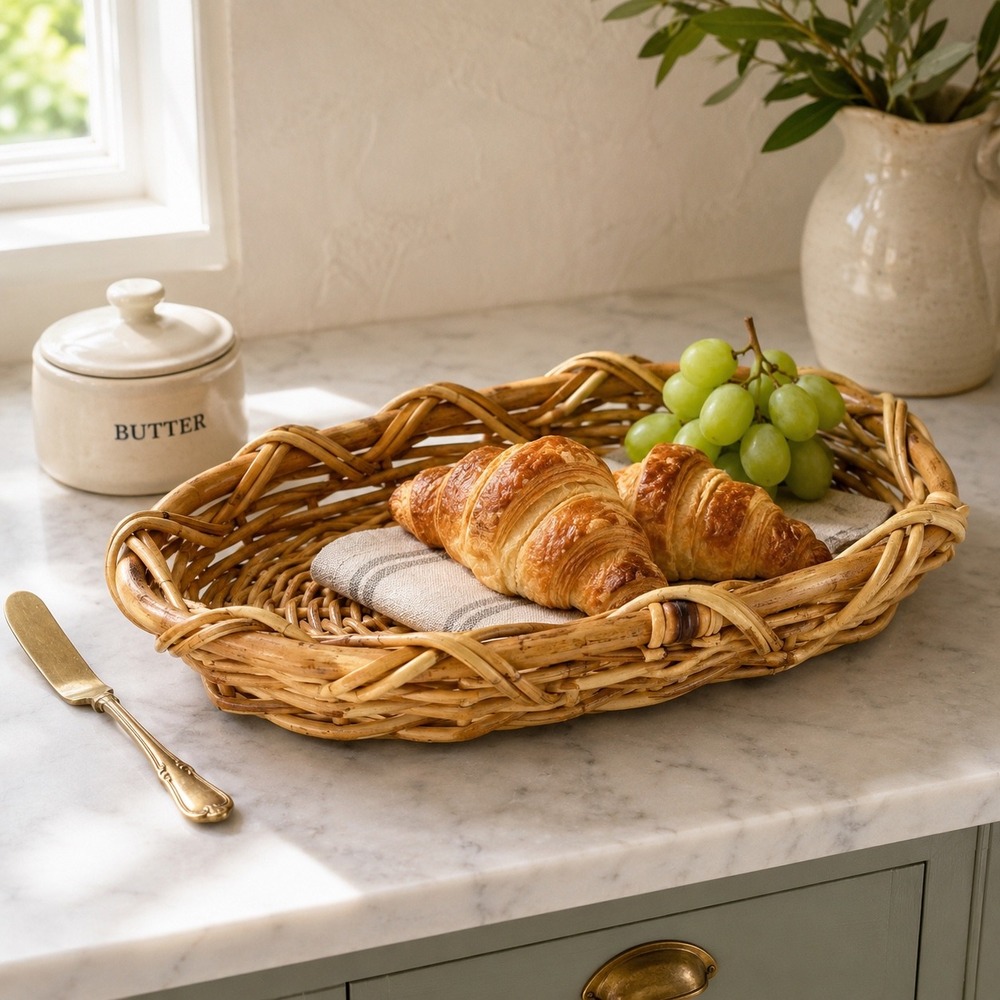 Vintage Natural Woven Rattan Wicker Oval Bread Fruit Basket Tray Co Decorn